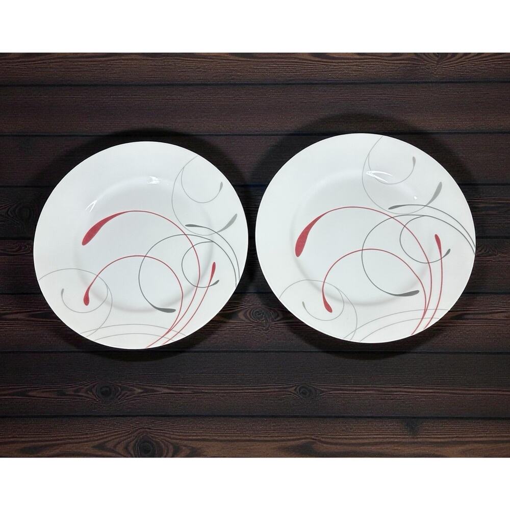 Corelle Splendor Dinner Plate White Red Gray Swirl 10.25" Set of 2 Round